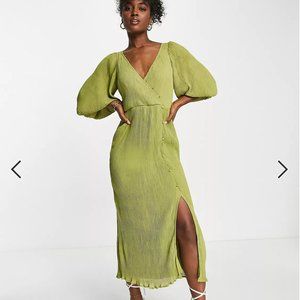 Asos | Green Pleated Balloon Sleeve Midi Dress